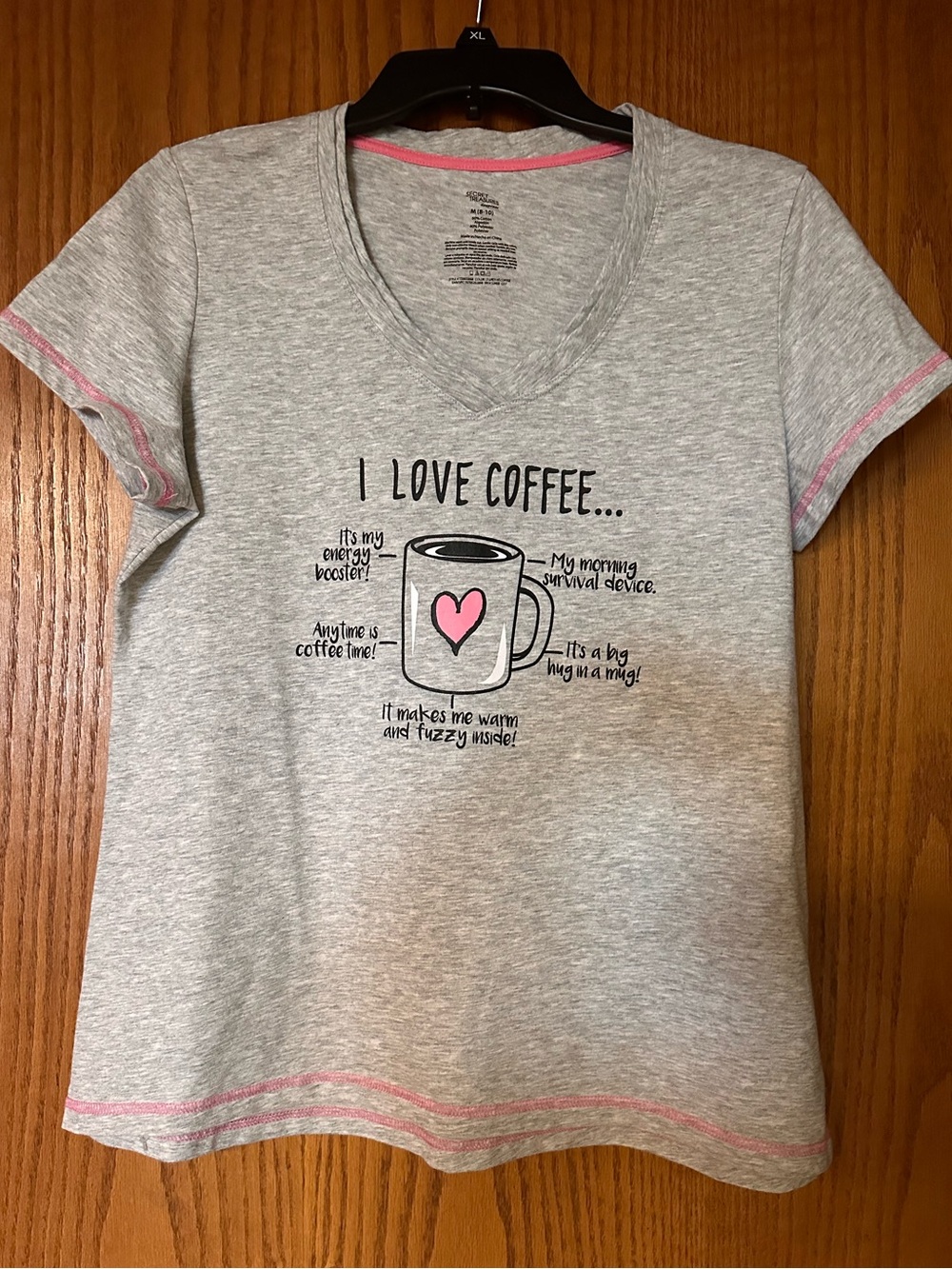 Secret Treasures Gray Short Sleeve Tee with Pink Accent "I Love Coffee"